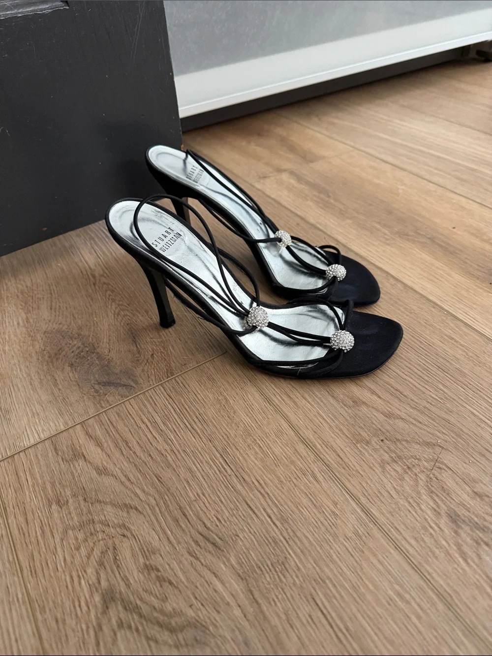 Stuart Weitzman Black Strappy Crystal-Embellished Heels
